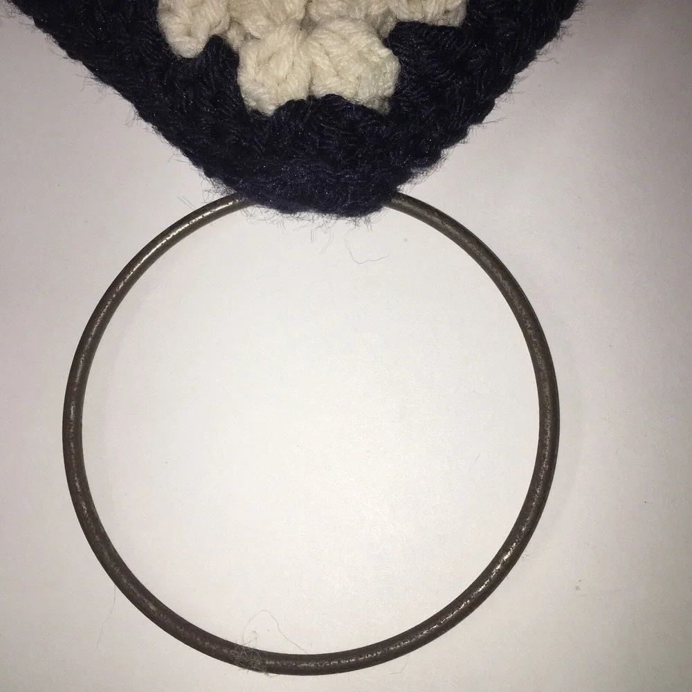 Vintage Crochet Navy‎ White Brown 70s Owl Wall Hanging Towel Holder Boho MCM
